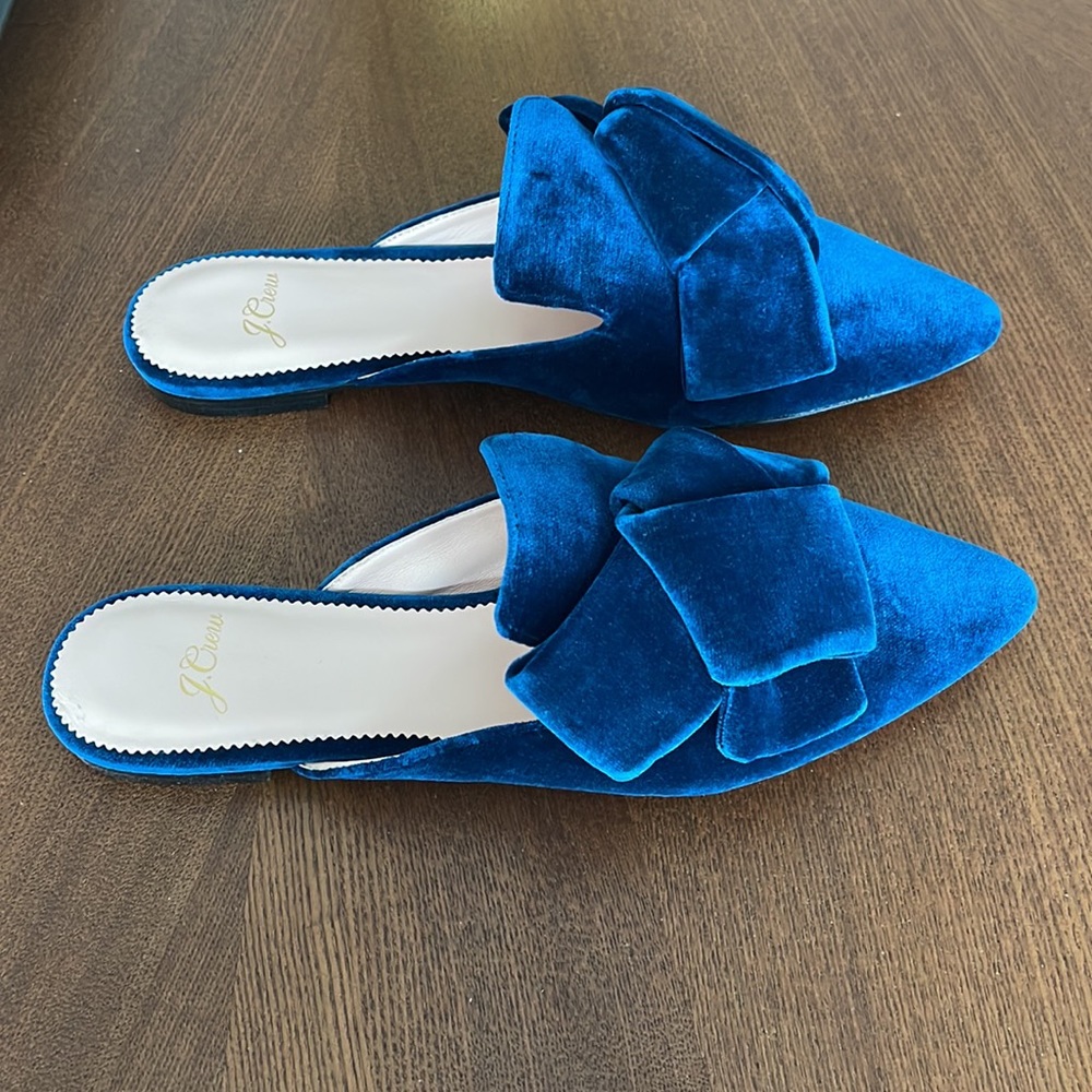 J. Crew Blue Velvet Pointed Toe Bow Mules - Picture 2 of 5